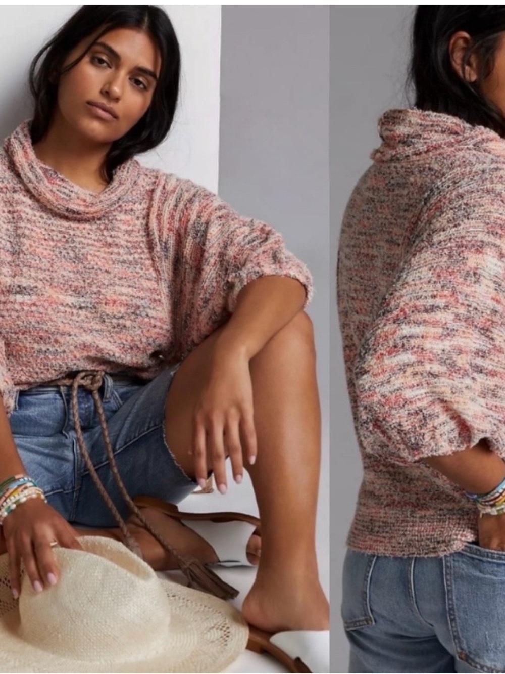 Pilcro Speckled Pink Cowl-Neck Knit Sweater
